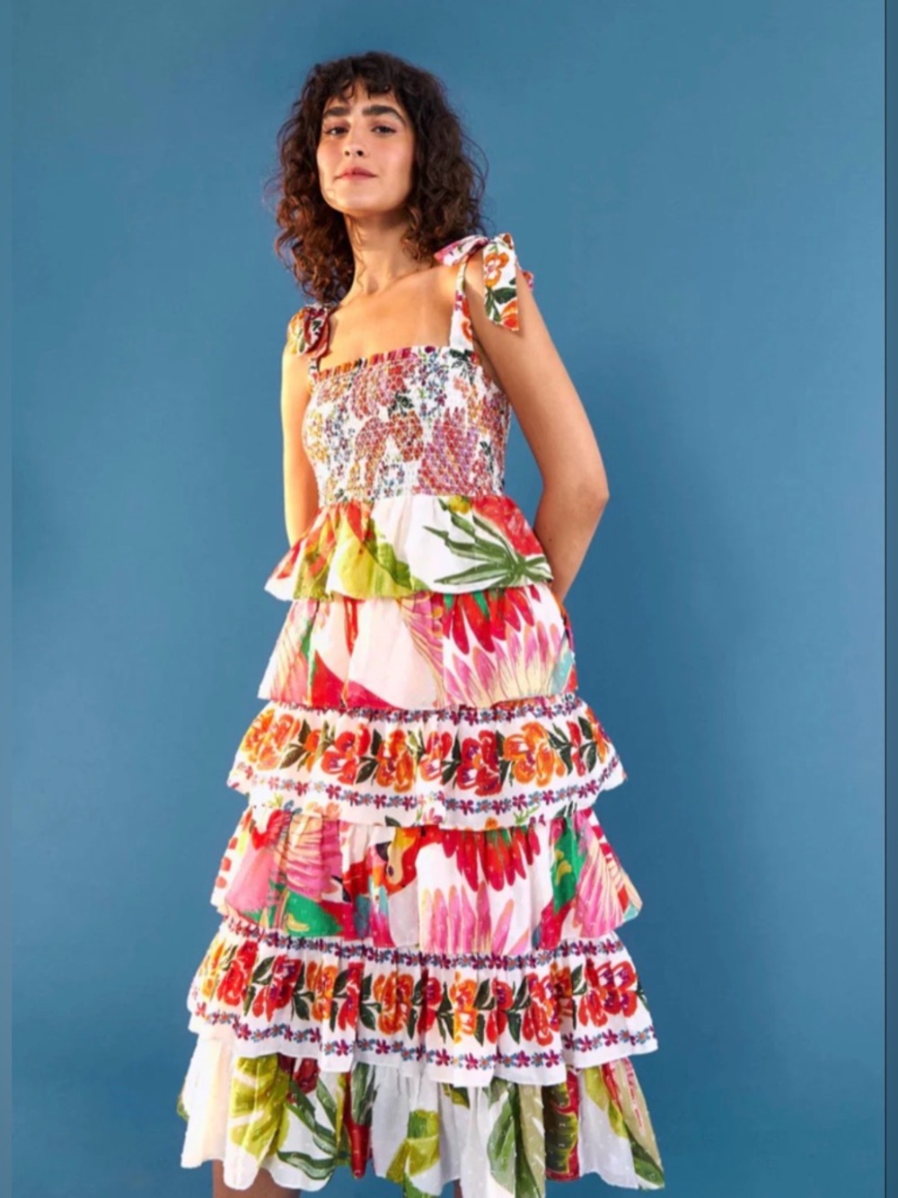 Farm Rio Mixed White Prints Layered Dress M Tropical Floral Tiered Linen Smocked